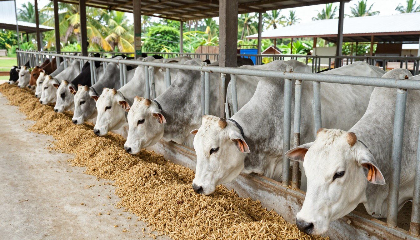Modern Philippine cattle farm with cattle eating pellet feed from feeding troughs