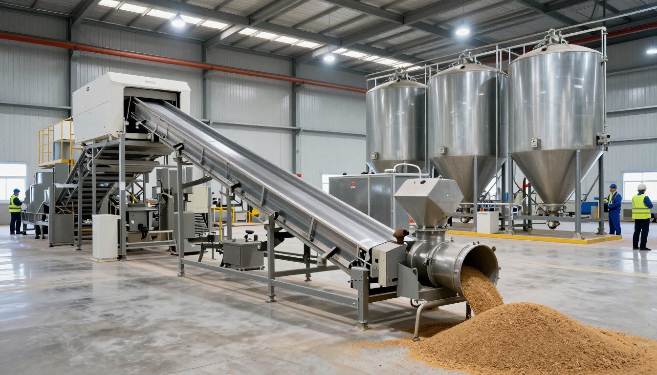 Modern cattle feed pellet production line factory floor with conveyor systems and processing equipment