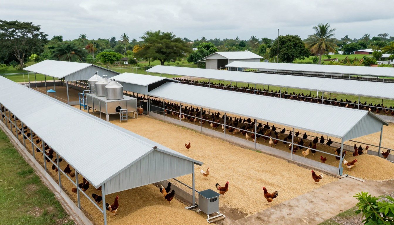 Modern chicken farm with on-site feed production facility in Philippines