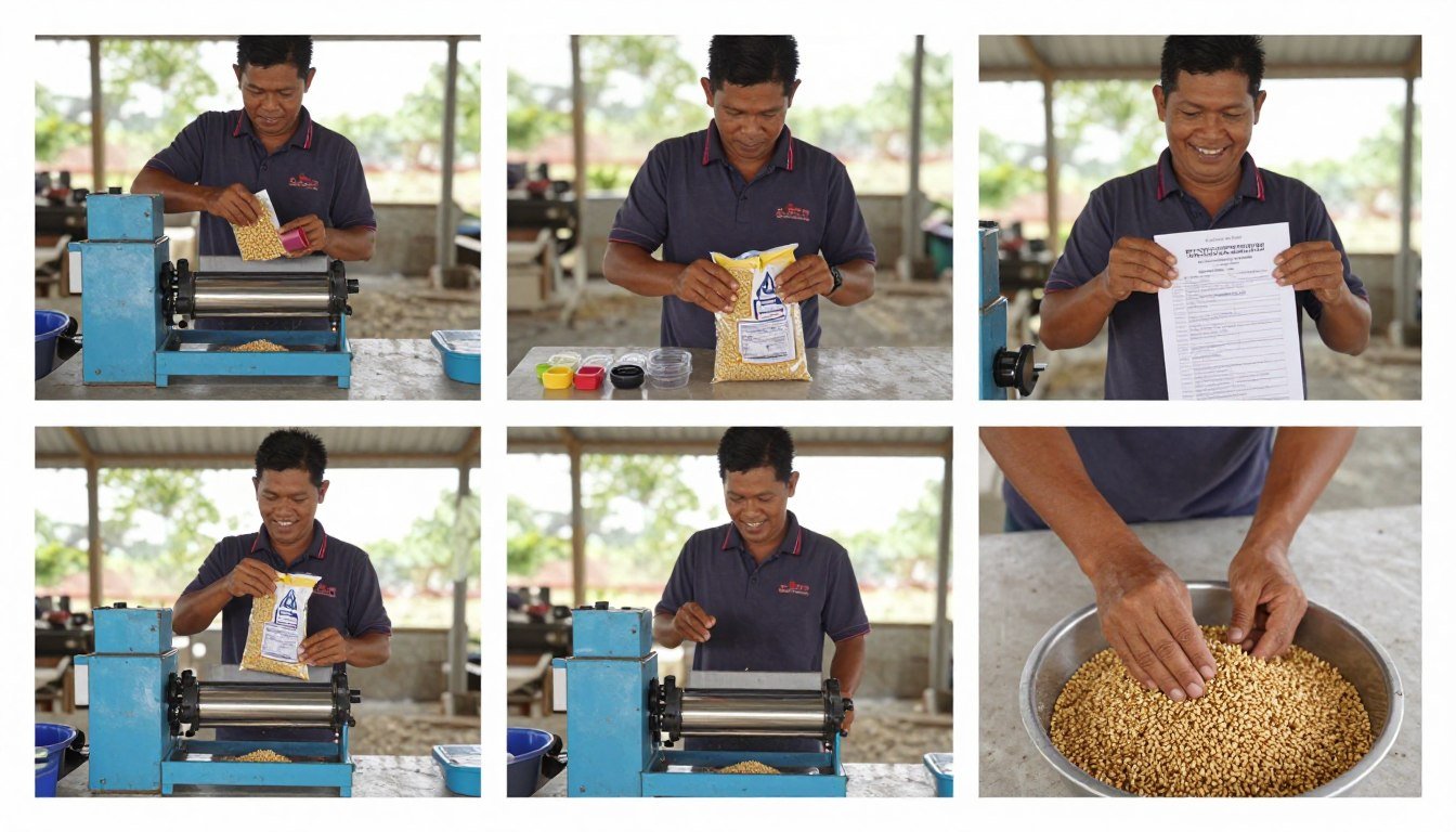 New manual pellet machine being unboxed and set up