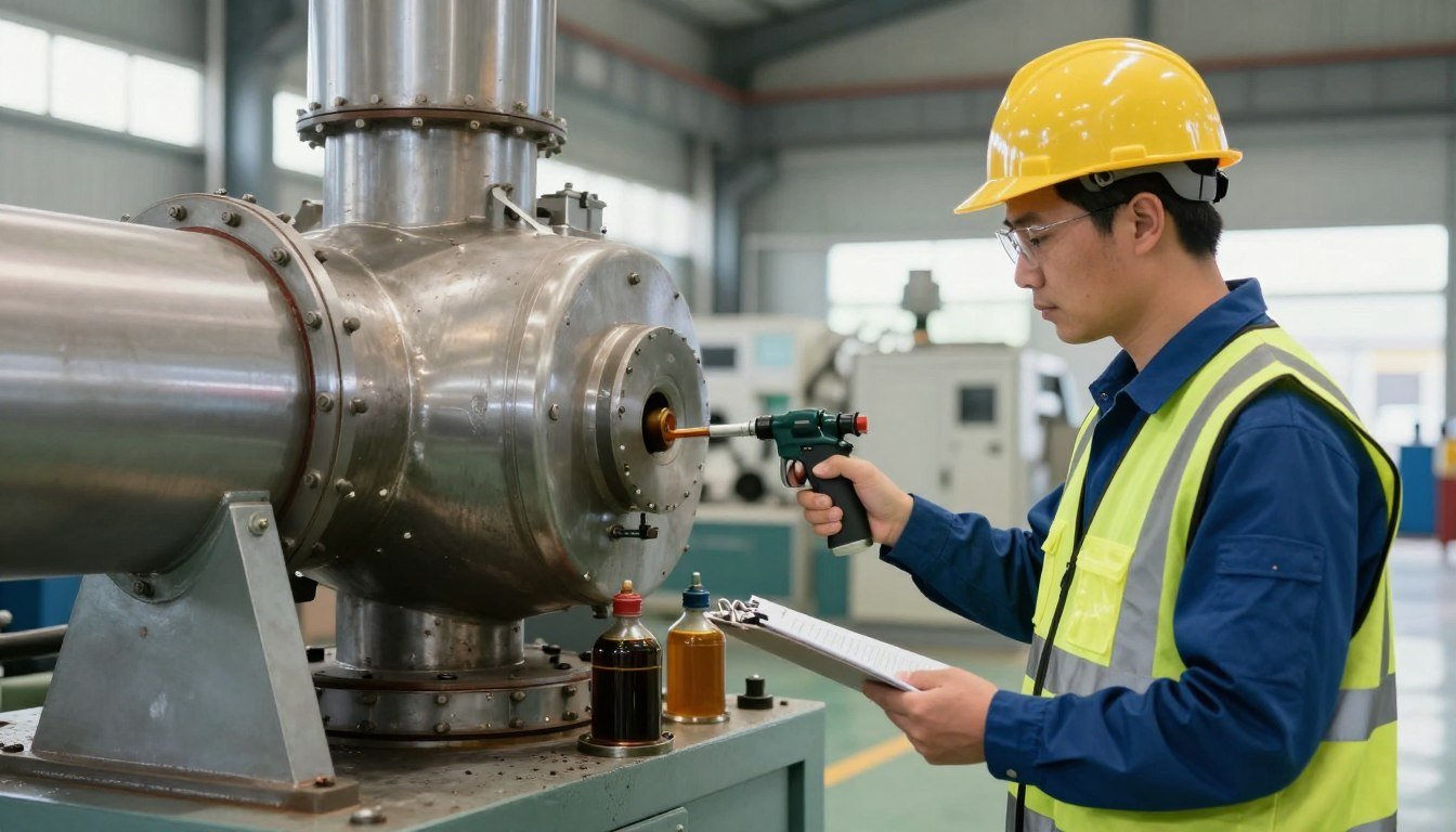 Operator performing daily maintenance check on pellet mill