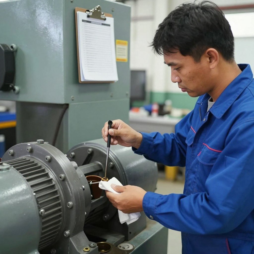 Operator performing daily maintenance inspection on aqua feed production equipment