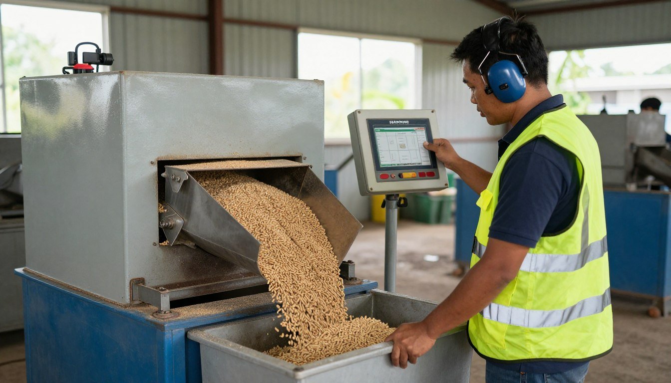 Operator running MAIKONG pellet machine with proper safety equipment