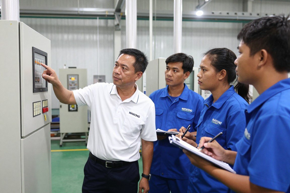 Operator training session showing technician explaining feed production equipment controls
