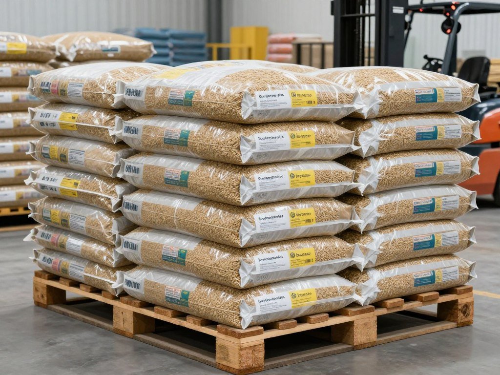 Packaged chicken feed pellets ready for distribution Packaged chicken feed pellets ready for distribution