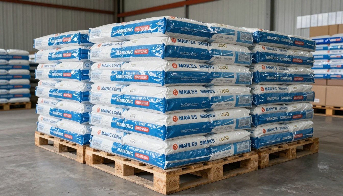 Packaged fish feed ready for distribution