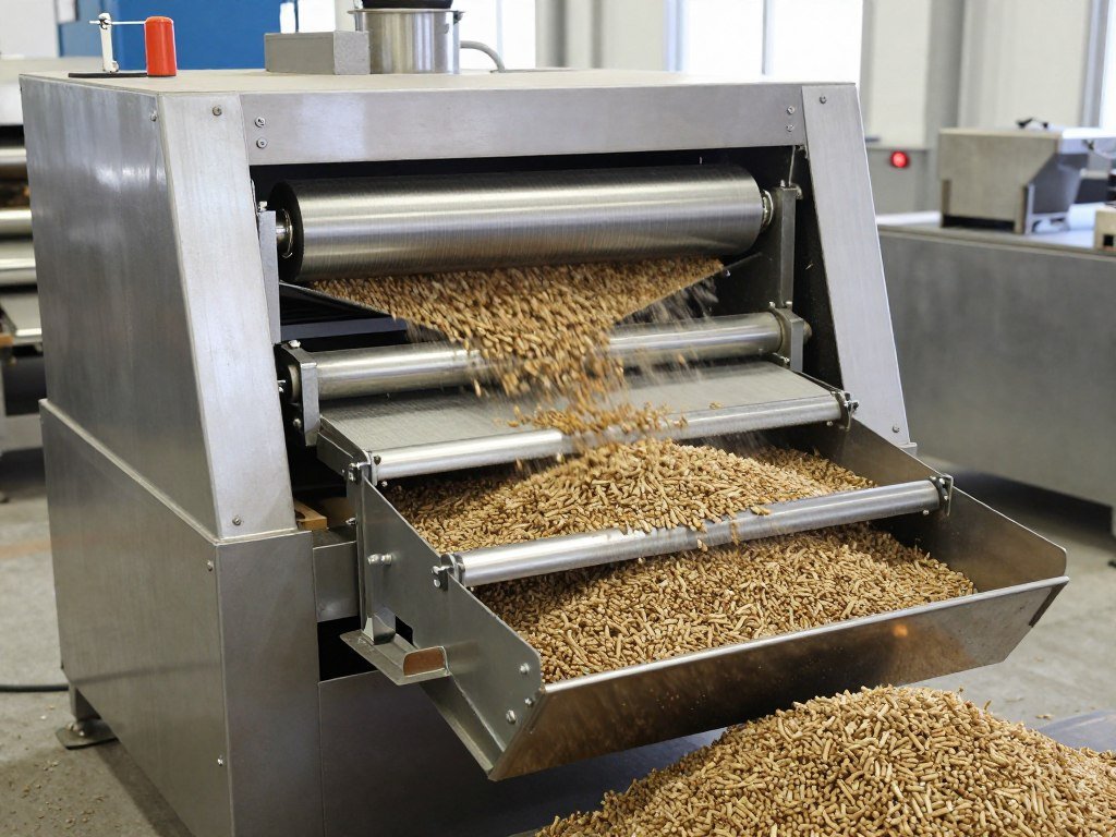 Pellet crumbler and screening machine separating pellets by size