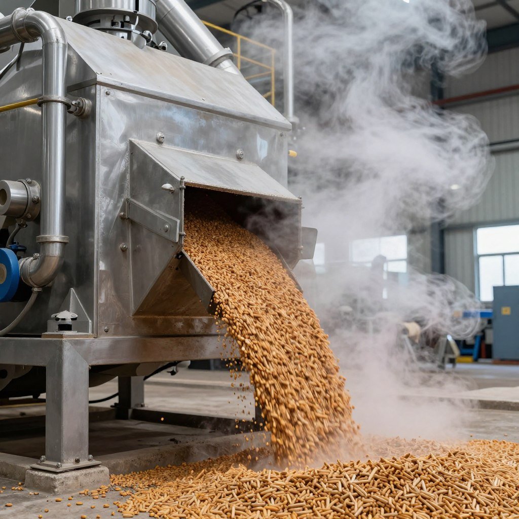 Pellet discharge chute leading to counterflow cooler system
