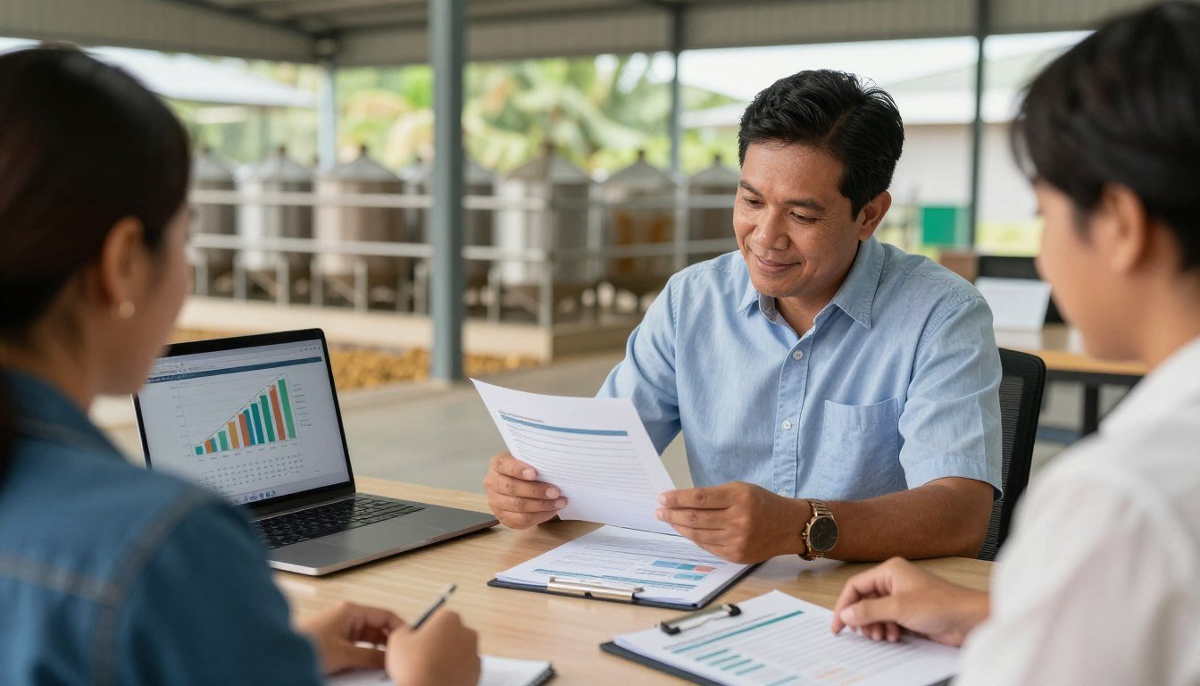 Philippine chicken farm owner reviewing feed production cost savings reports