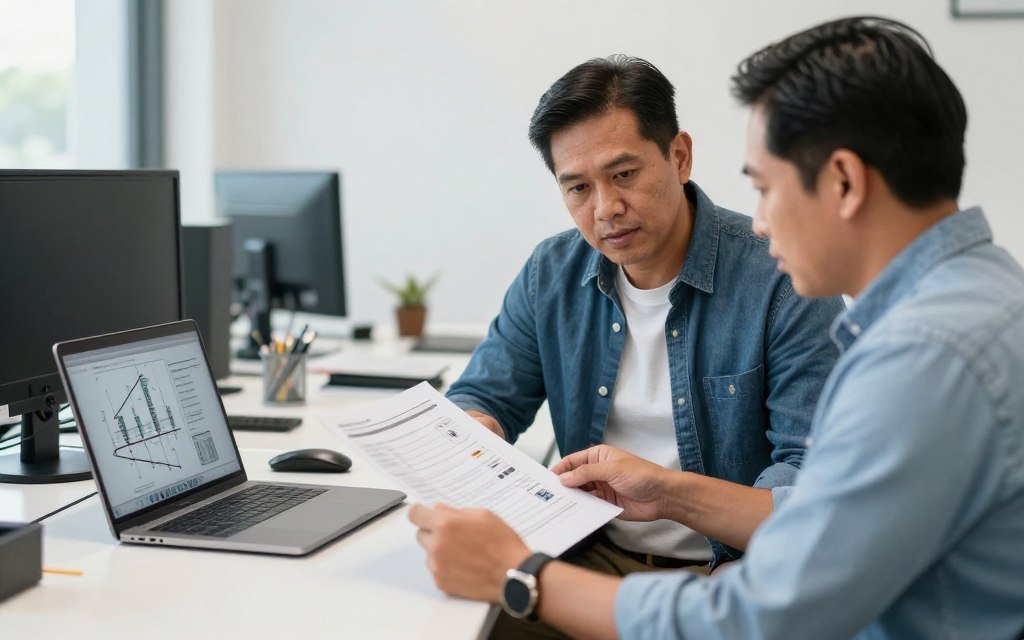 Philippine farm owner reviewing feed pellet production line specifications with technical consultant Philippine farm owner reviewing feed pellet production line specifications with technical consultant