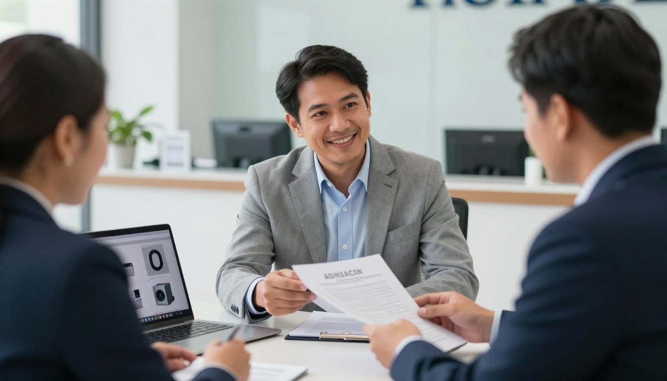 Philippine farmer meeting with bank loan officer Philippine farmer meeting with bank loan officer