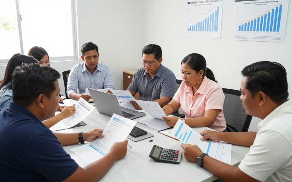 Philippine fish farm cooperative members reviewing financial reports and production data