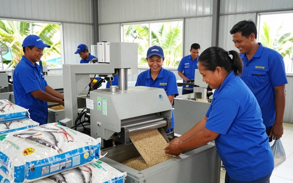 Philippine fish farm cooperative workers operating MAIKONG aqua feed production equipment
