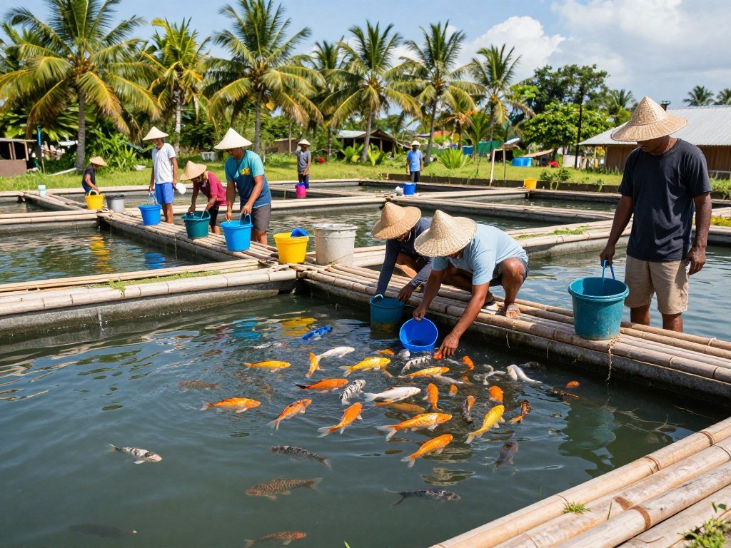 Philippine fish farm with tilapia production requiring animal feed pellets