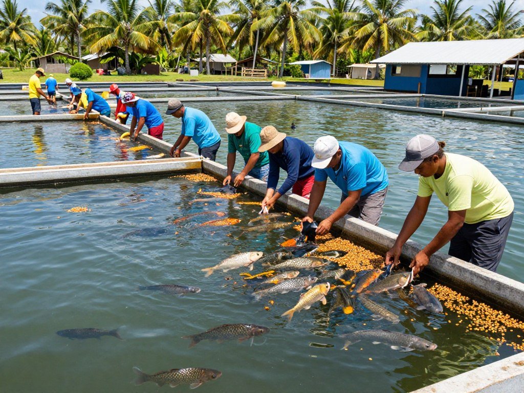 Philippine fish farm workers feeding tilapia in pond using quality aqua feed pellets