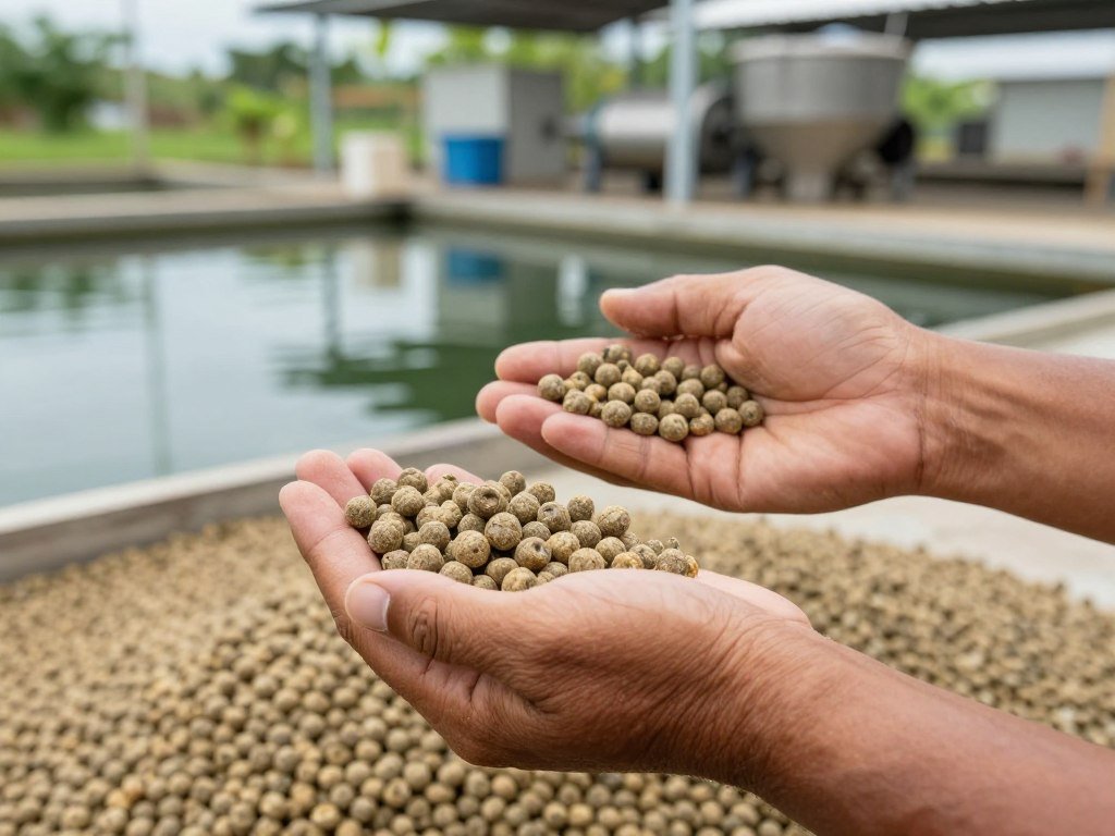 Philippine fish farmer examining quality fish feed pellets produced from own production line