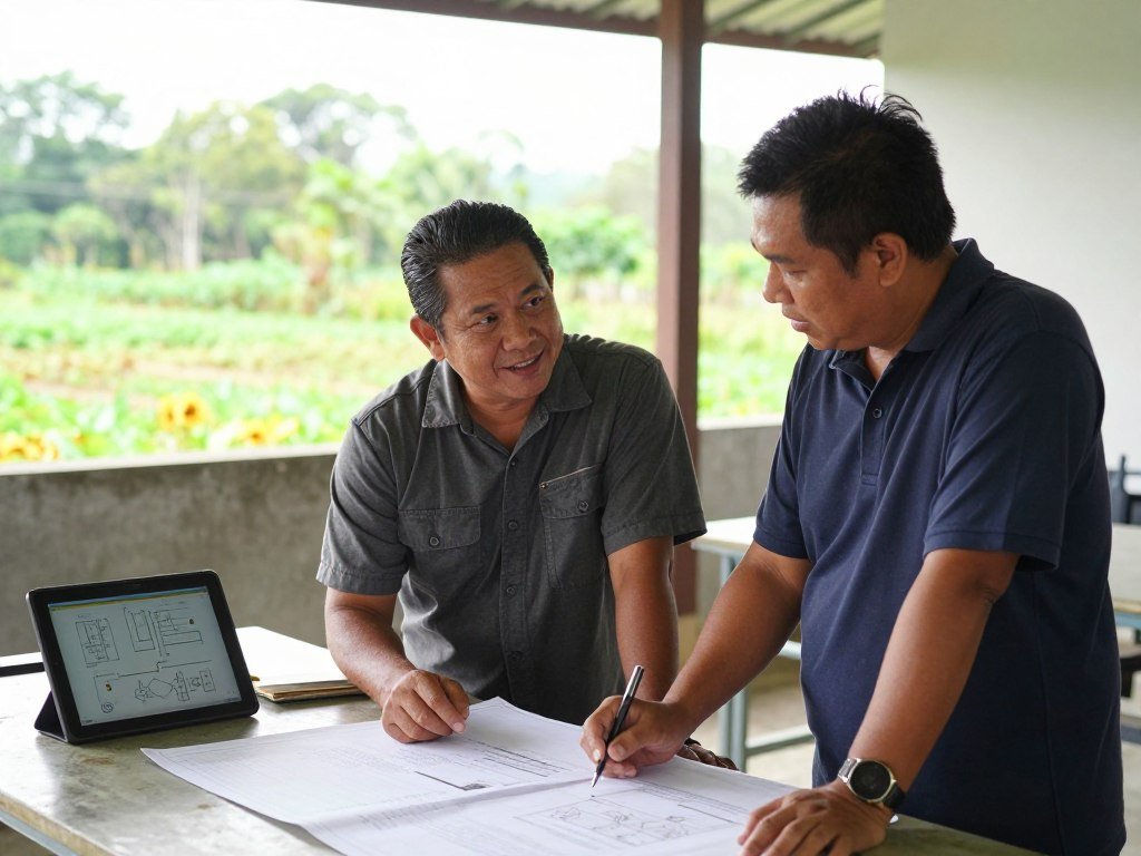 Philippine poultry farm owner consulting with MAIKONG technical expert reviewing feed production plans