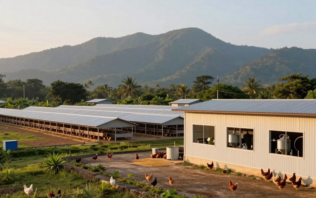 Philippine poultry farm with on-site feed production facility Philippine poultry farm with on-site feed production facility