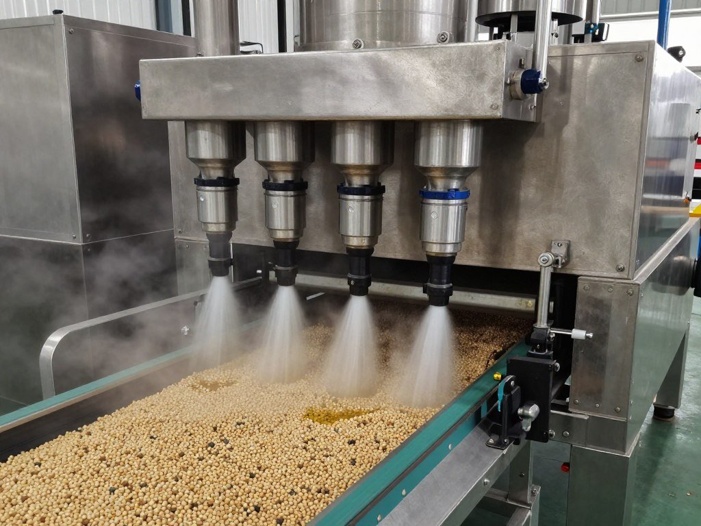 Post-pelleting liquid applicator spraying oil onto finished pellets