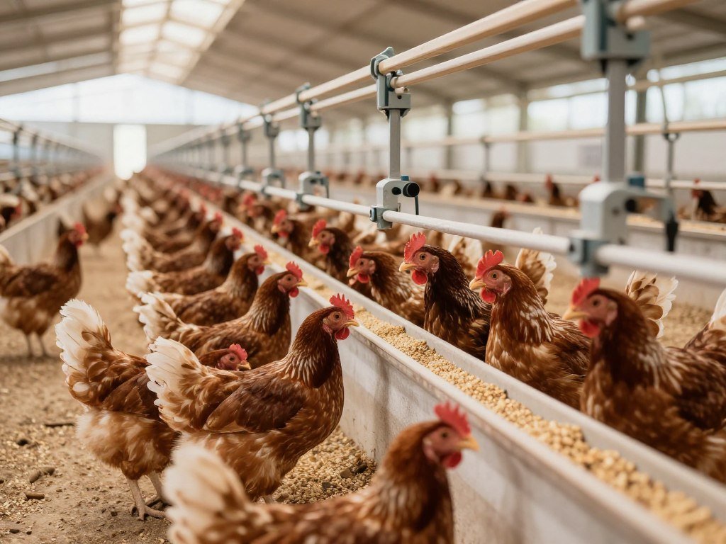 Poultry farm with chickens feeding on pelletized feed