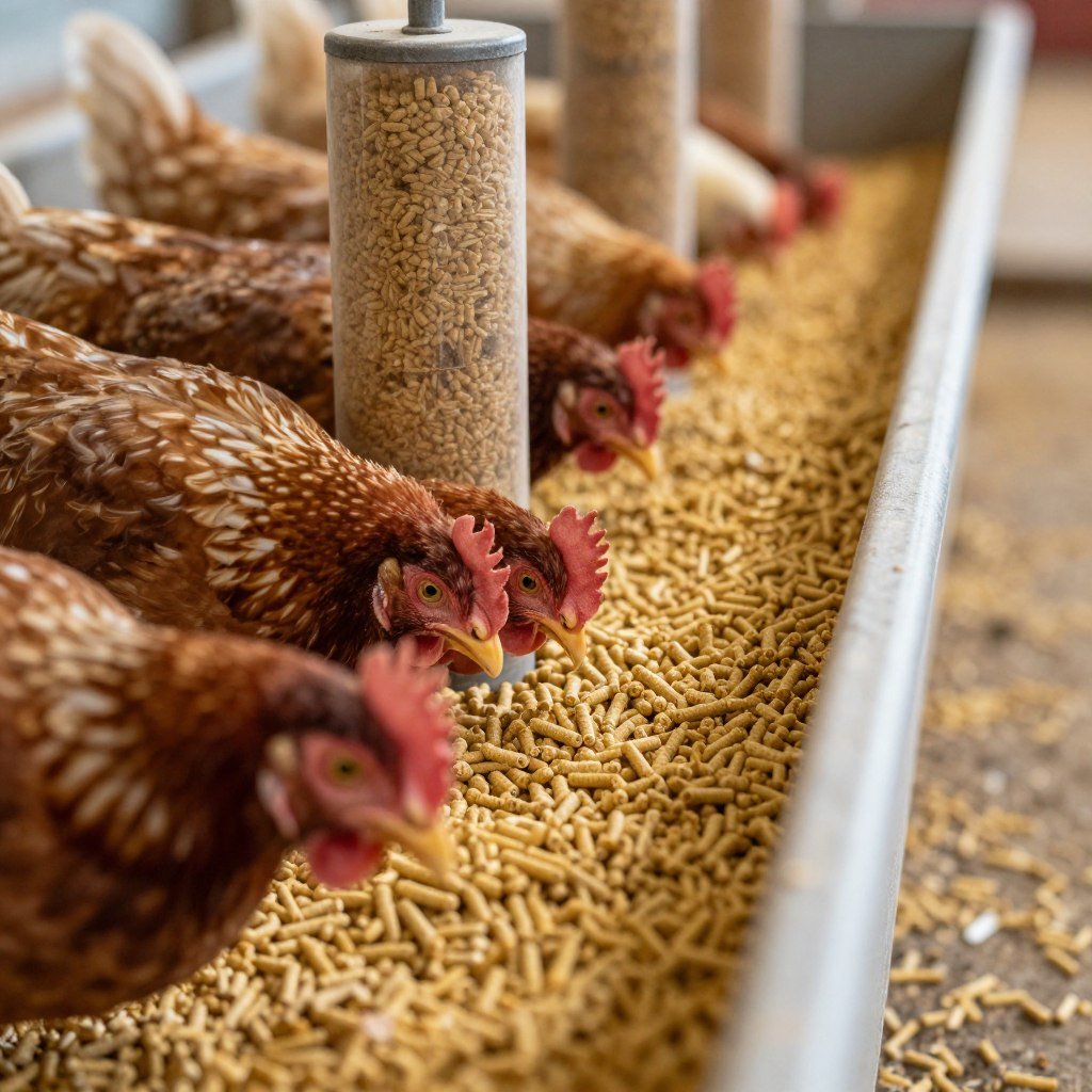 Poultry feed pellets in feeder