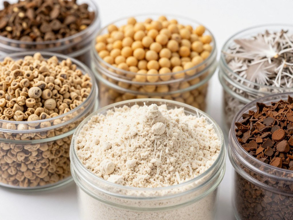 Protein ingredients for fish feed including fish meal and soybean meal