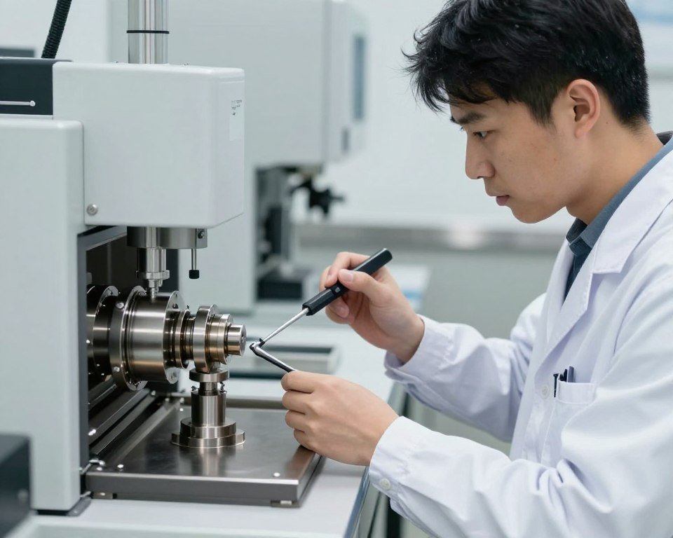 Quality control inspector testing pellet machine components