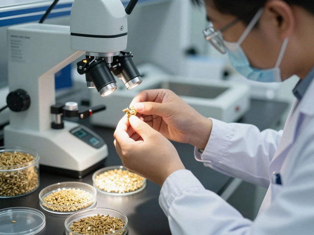 Quality control testing of poultry feed pellets in laboratory Quality control testing of poultry feed pellets in laboratory