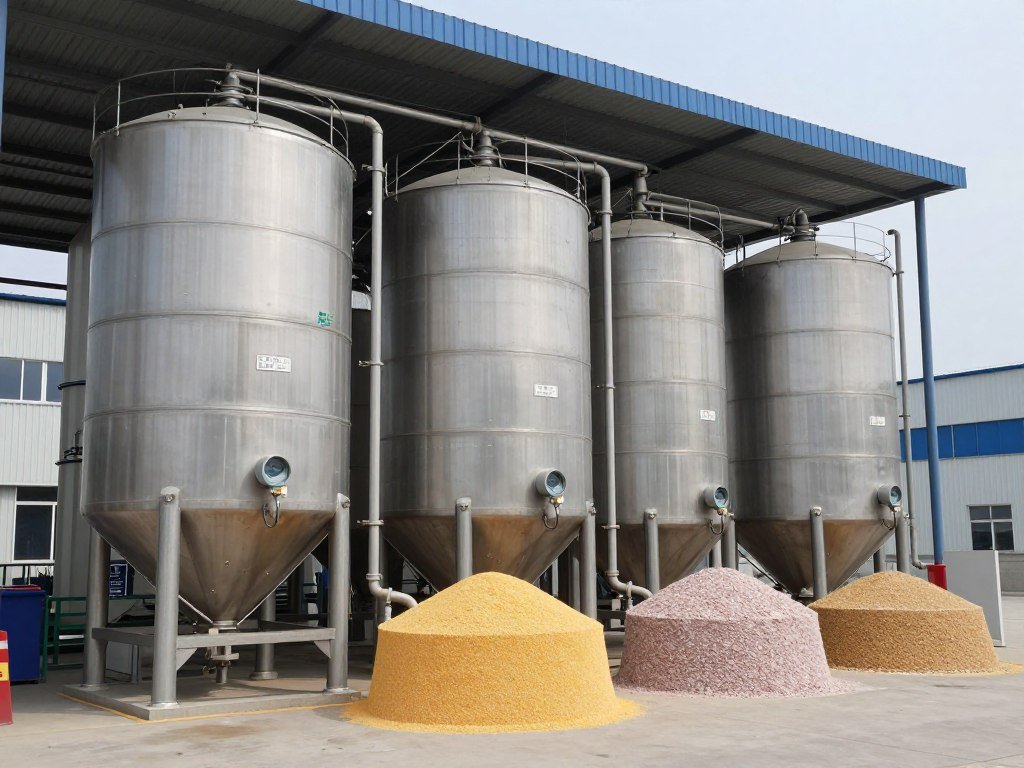 Raw material storage silos for aqua feed production facility