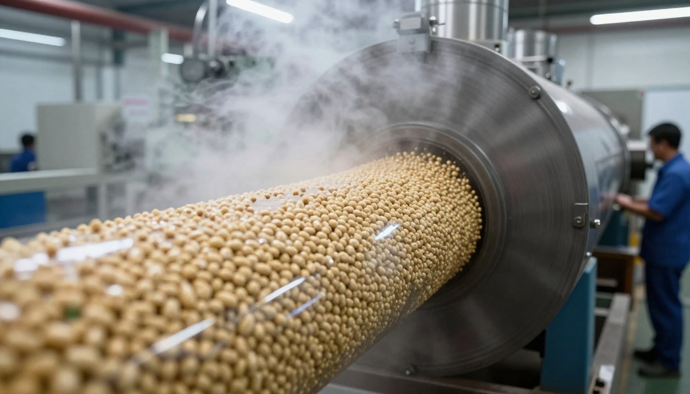 Ring die pellet mill in operation producing feed pellets