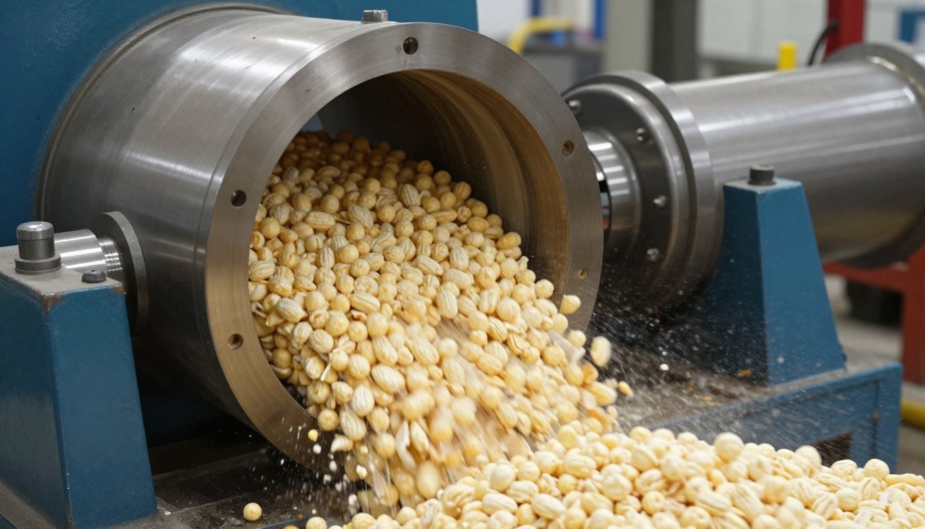 Ring die pellet mill in operation producing feed pellets
