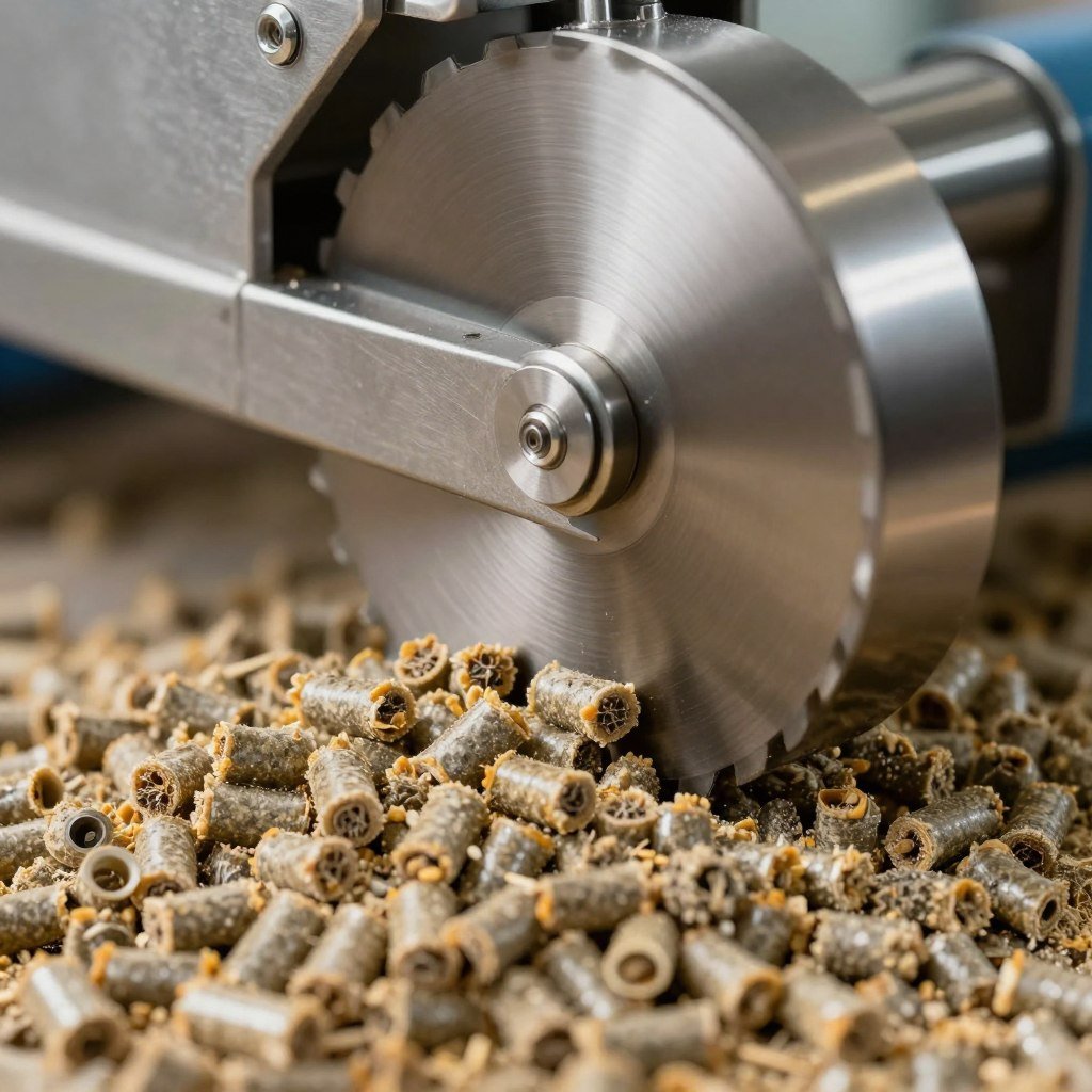 Rotating knife blade cutting extruded pellets to uniform length