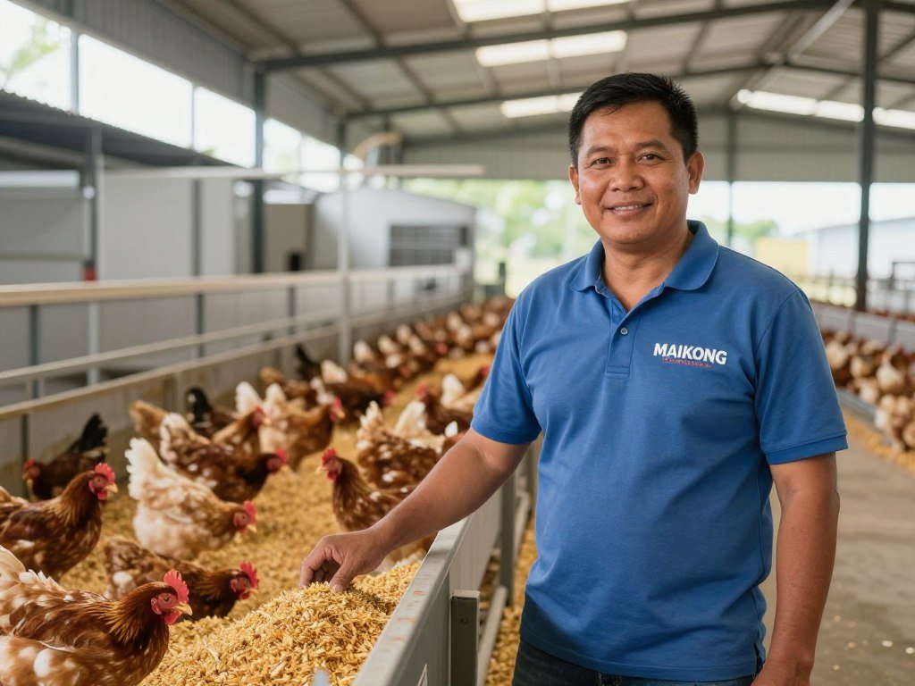 Satisfied customer standing next to MAIKONG chicken feed production equipment in their facility