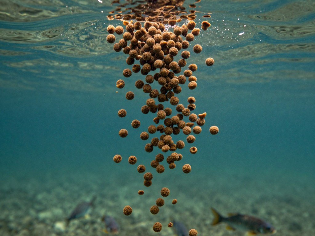 Sinking aqua feed pellets underwater for bottom-feeding fish species