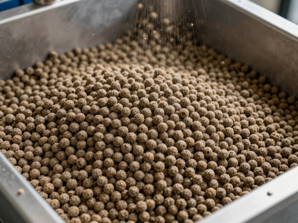 Sinking fish feed pellets in production container