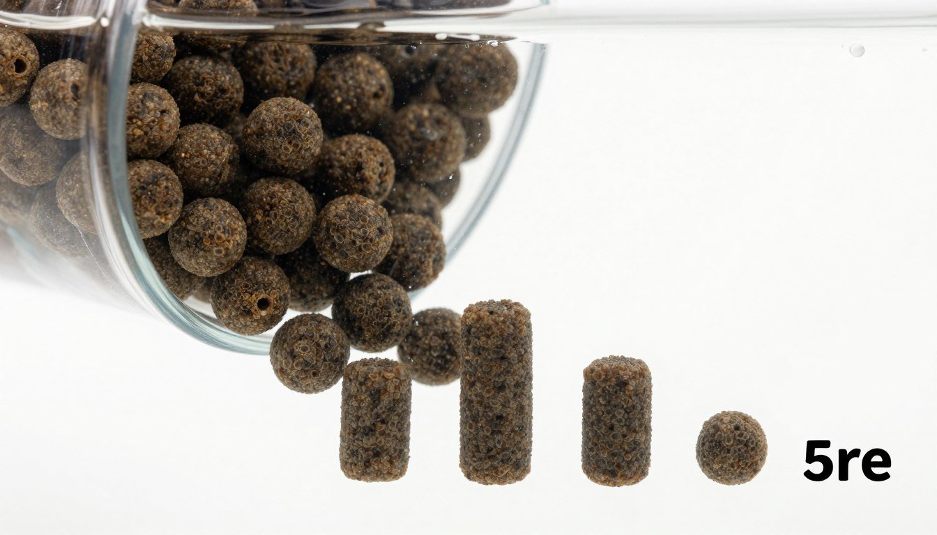Sinking fish feed pellets showing dense structure and various sizes for different aquatic species