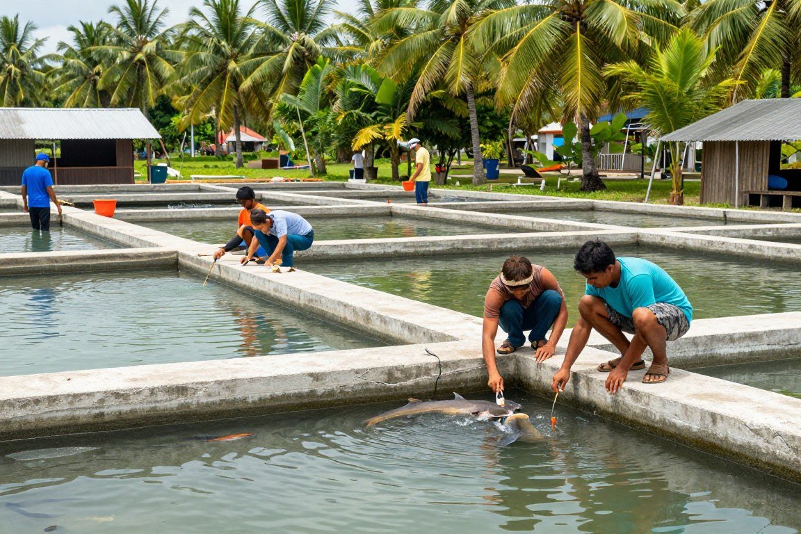 Small-scale catfish farm with feeding operation in Philippines