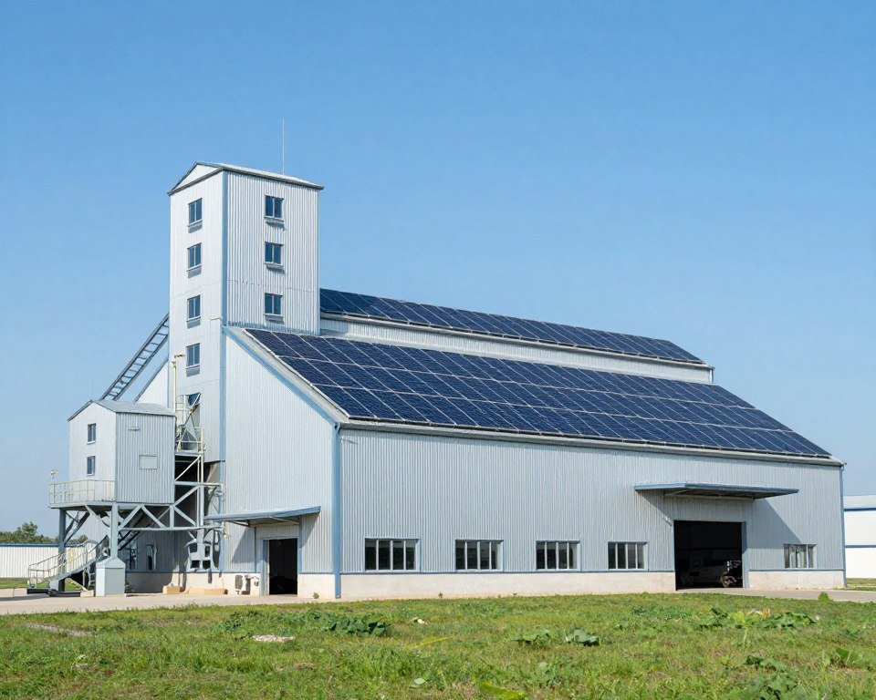 Solar panels on feed mill roof demonstrating sustainable energy use Solar panels on feed mill roof demonstrating sustainable energy use