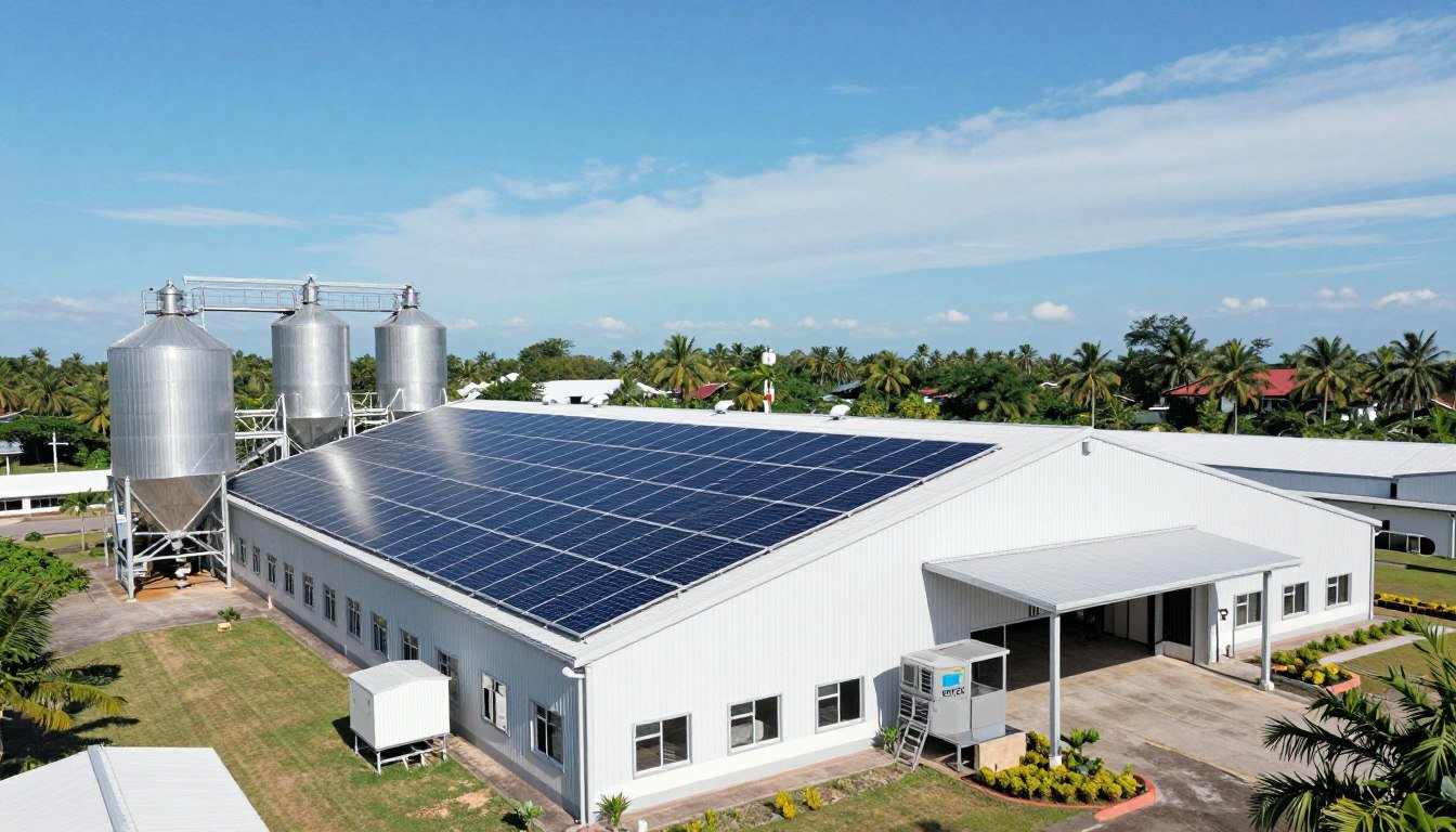 Solar panels on feed mill roof