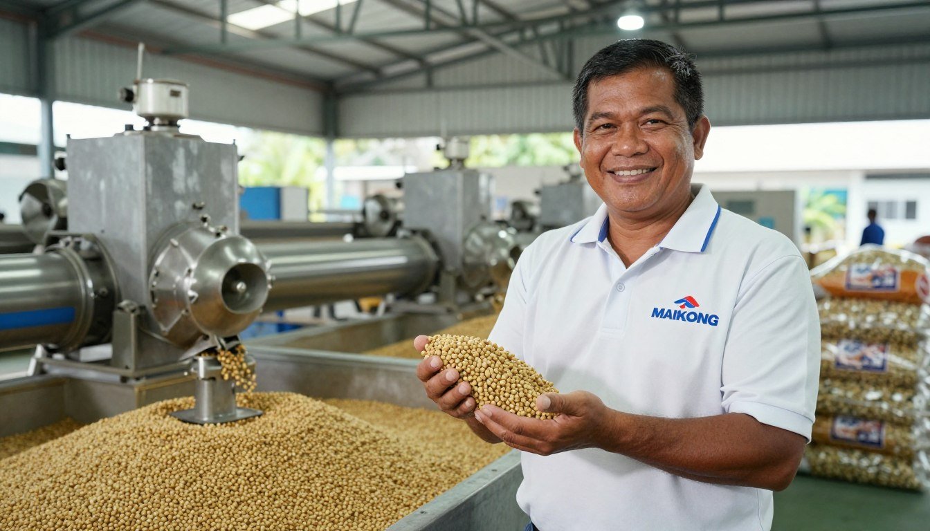Successful Philippine fish farmer standing beside MAIKONG production line with quality pellets