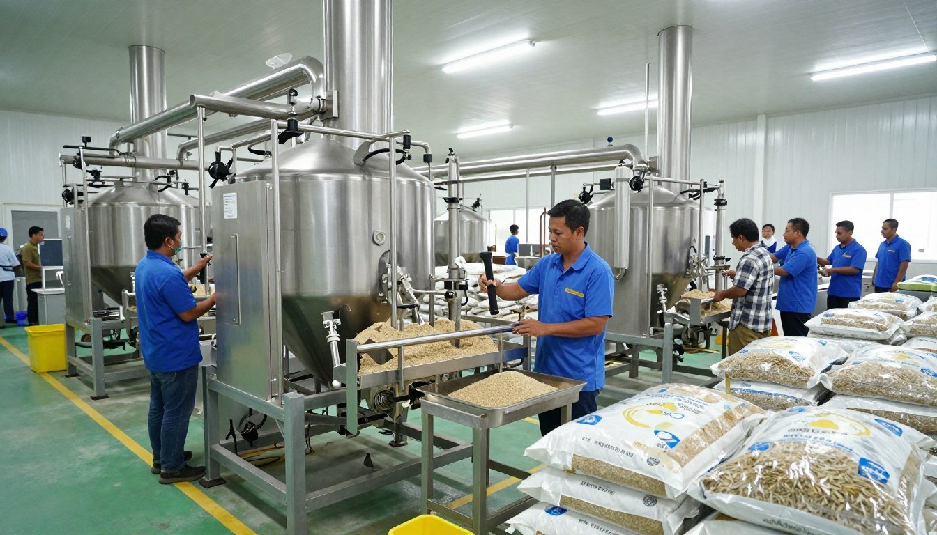Successful aqua feed production facility showing MAIKONG equipment in operation