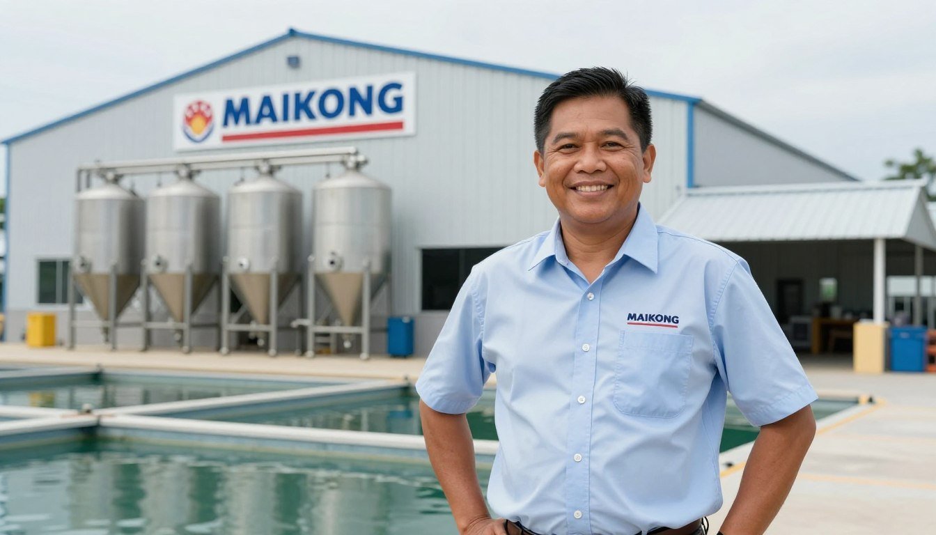 Successful fish farm owner in front of feed production facility