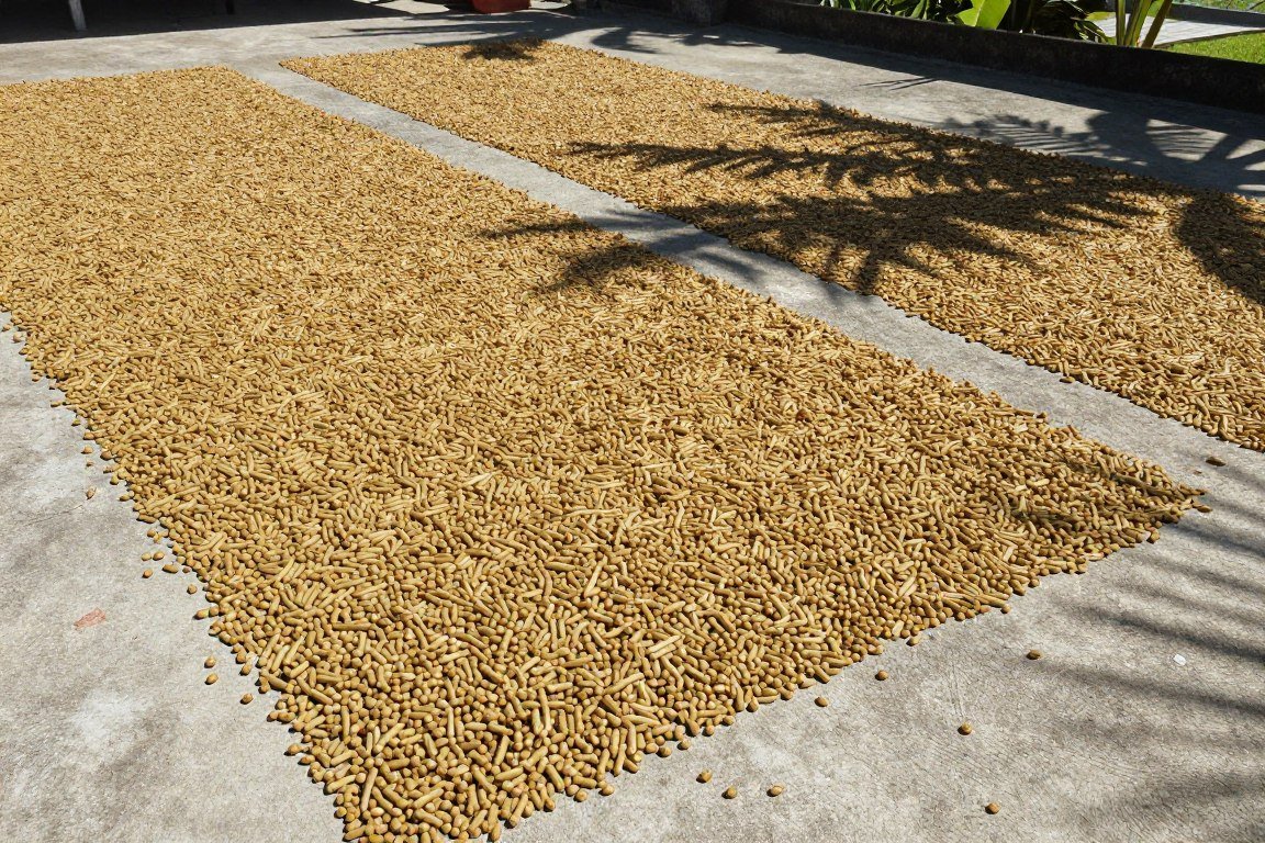 Sun-drying fish feed pellets on concrete floor in the Philippines