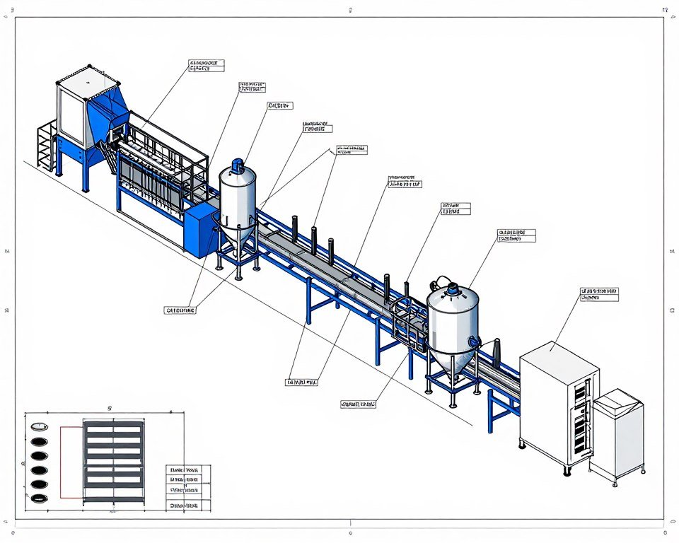 Technical blueprint diagram of poultry feed production line layout