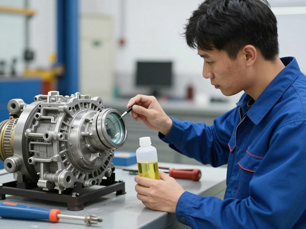 Technician checking gearbox oil level and quality