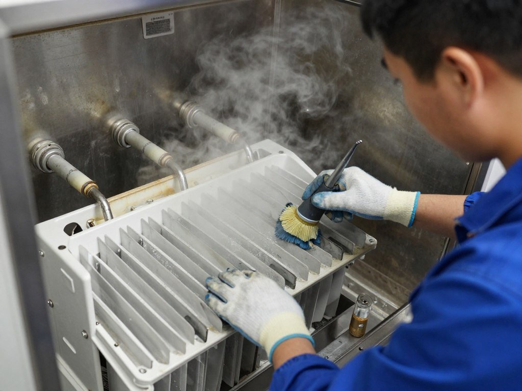 Technician cleaning conditioner paddles and inspecting steam injection ports