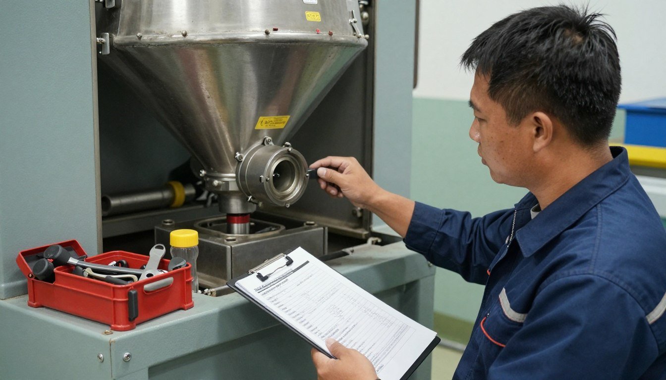 Technician performing maintenance on feed mill equipment Technician performing maintenance on feed mill equipment