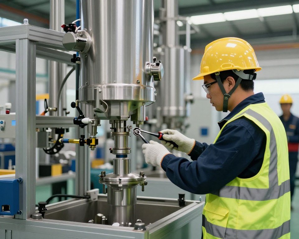 Technicians installing fish feed production equipment