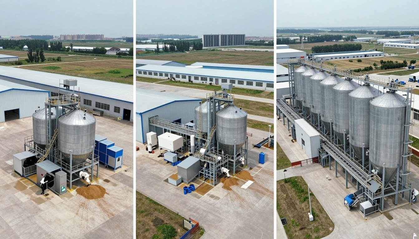 Three different scale cattle feed production facilities showing small, medium, and large operations