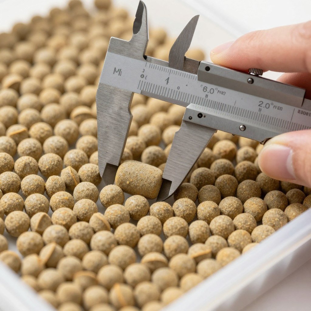 Tilapia feed pellets close-up quality check